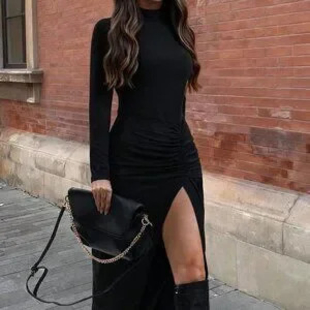 Black Elegant Women's Sexy High Slit A-Line Dress